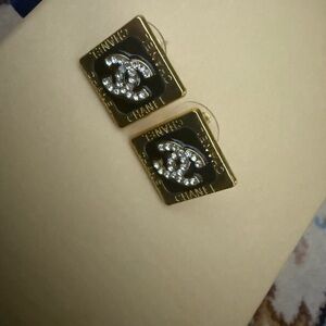 Brand new upcycled CHANEL Black and Gold Square Earrings